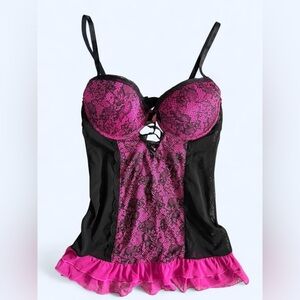 Play boy Women's Pink & Black Lace Babydoll Chemise